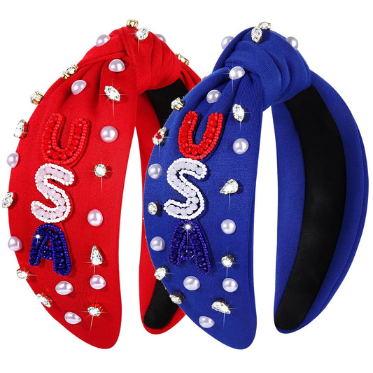 4th of July Headbands for Women 4th of July Accessories American Flag Patriotic Headbands Rhinestone Pearl Knotted Headbands Beads Embellished Jeweled Headbands Holiday Gifts (2PCS USA)